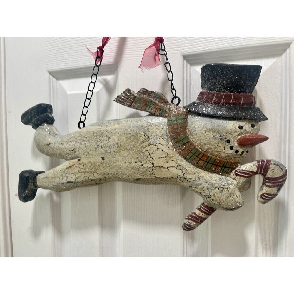 Wall or Door Hanging Flying Snowman Happy Holidays Cottagecore